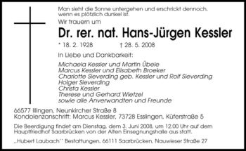 Todesanzeige von Hans-Jürgen Kessler von SAARBRÜCKER ZEITUNG