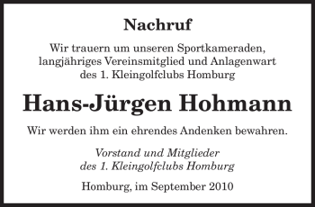 Todesanzeige von Hans-Jürgen Hohmann von SAARBRÜCKER ZEITUNG