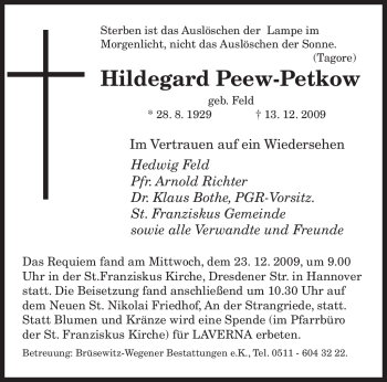 Todesanzeige von Hildegard Peew-Petkow von SAARBRÜCKER ZEITUNG