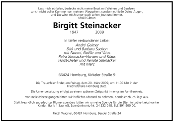 Todesanzeige von Birgitt Steinacker von SAARBRÜCKER ZEITUNG