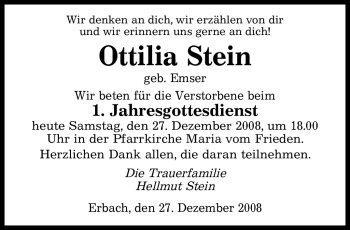 Todesanzeige von Ottilia Stein von SAARBRÜCKER ZEITUNG