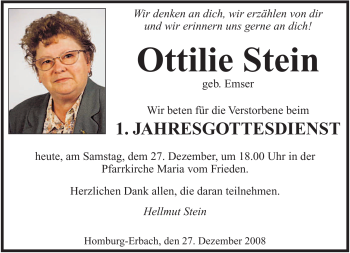 Todesanzeige von Ottilia Stein von SAARBRÜCKER ZEITUNG