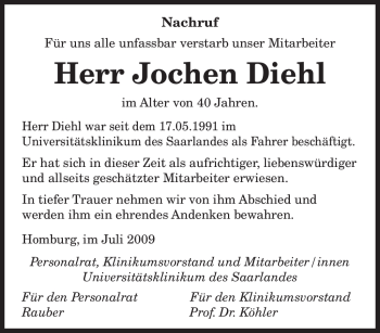 Todesanzeige von Jochen Diehl von SAARBRÜCKER ZEITUNG