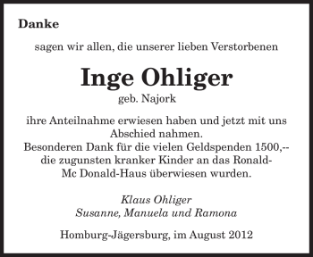 Todesanzeige von Inge Ohliger von SAARBRÜCKER ZEITUNG