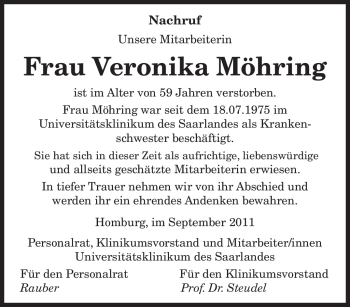 Todesanzeige von Veronika Möhring von SAARBRÜCKER ZEITUNG