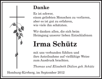 Todesanzeige von Irma Schütz von saarbruecker_zeitung