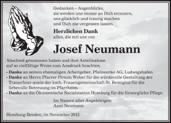 Todesanzeige von Josef Neumann von saarbruecker_zeitung