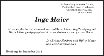 Todesanzeige von Inge Maier von saarbruecker_zeitung