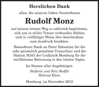 Todesanzeige von Rudolf Monz von saarbruecker_zeitung