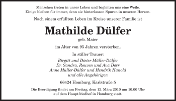 Todesanzeige von Mathilde Dülfer von SAARBRÜCKER ZEITUNG