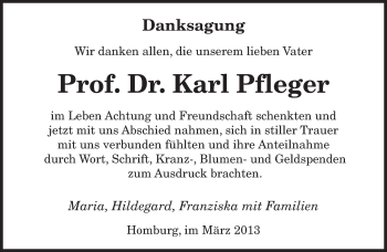 Todesanzeige von Karl Pfleger von saarbruecker_zeitung