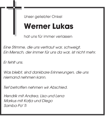 Todesanzeige von Werner Lukas von saarbruecker_zeitung