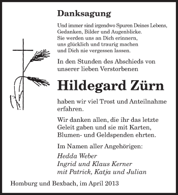 Todesanzeige von Hildegard Zürn von saarbruecker_zeitung