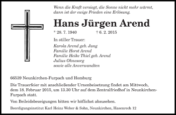 Todesanzeige von Hans Jürgen Arend von saarbruecker_zeitung