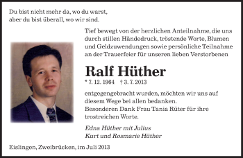 Todesanzeige von Ralf Hüther von saarbruecker_zeitung
