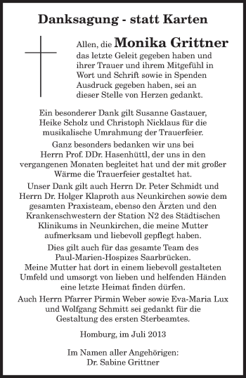 Todesanzeige von Monika Grittner von saarbruecker_zeitung