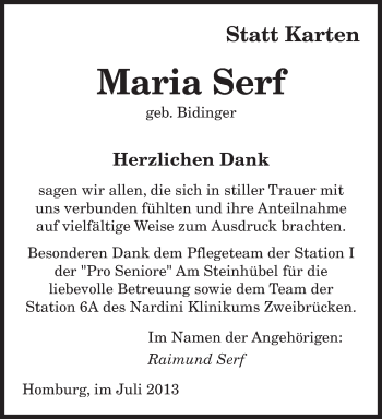 Todesanzeige von Maria Serf von saarbruecker_zeitung