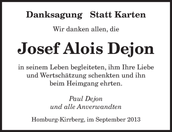 Todesanzeige von Josef Alois Dejon von saarbruecker_zeitung