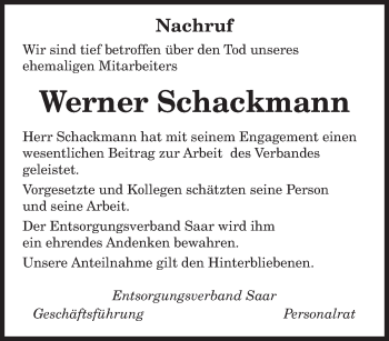 Todesanzeige von Werner Schackmann von saarbruecker_zeitung