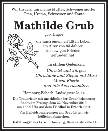 Todesanzeige von Mathilde Grub von saarbruecker_zeitung