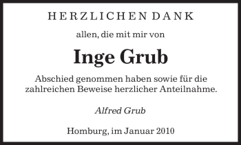 Todesanzeige von Inge Grub von SAARBRÜCKER ZEITUNG