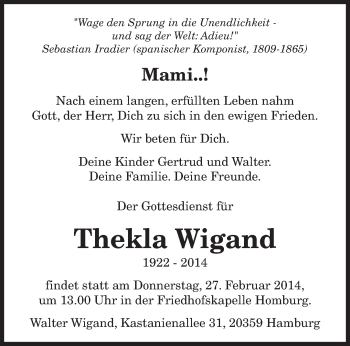 Todesanzeige von Thekla Wigand von saarbruecker_zeitung