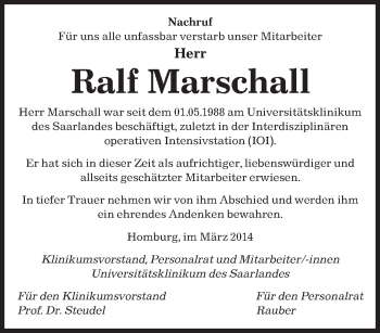 Todesanzeige von Ralf Marschall von saarbruecker_zeitung