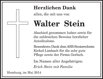 Todesanzeige von Walter Stein von saarbruecker_zeitung