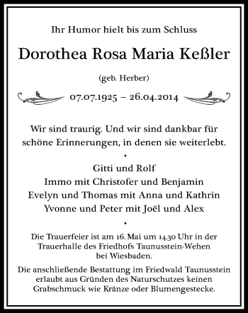 Todesanzeige von Dorothea Rosa Maria Keßler von saarbruecker_zeitung