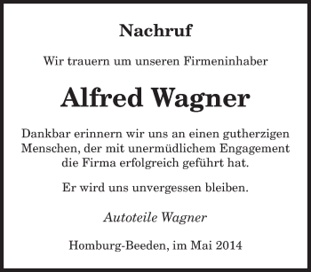 Todesanzeige von Alfred Wagner von saarbruecker_zeitung