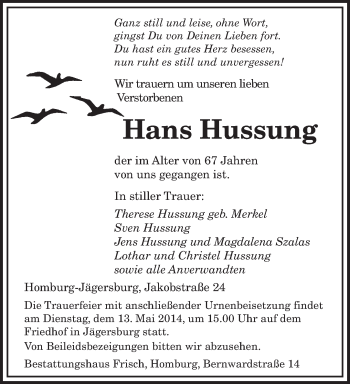 Todesanzeige von Hans Hussung von saarbruecker_zeitung