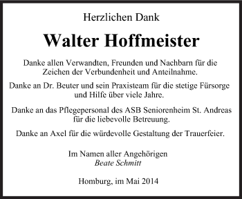 Todesanzeige von Walter Hoffmeister von saarbruecker_zeitung