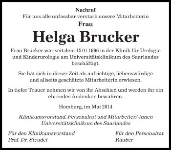 Todesanzeige von Helga Brucker von saarbruecker_zeitung