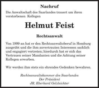 Todesanzeige von Helmut Feist von SAARBRÜCKER ZEITUNG