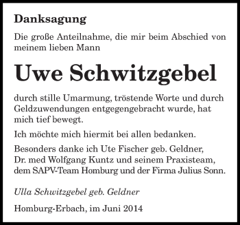 Todesanzeige von Uwe Schwitzgebel von saarbruecker_zeitung