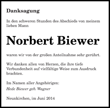 Todesanzeige von Norbert Biewer von saarbruecker_zeitung