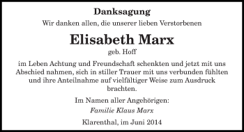 Todesanzeige von Elisabeth Marx von saarbruecker_zeitung