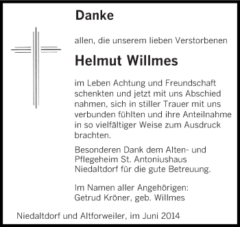 Todesanzeige von Helmut Willmes von saarbruecker_zeitung