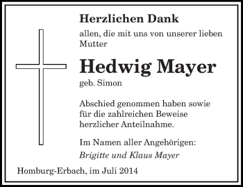 Todesanzeige von Hedwig Mayer von saarbruecker_zeitung