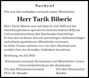 Todesanzeige von Tarik Biberic von saarbruecker_zeitung