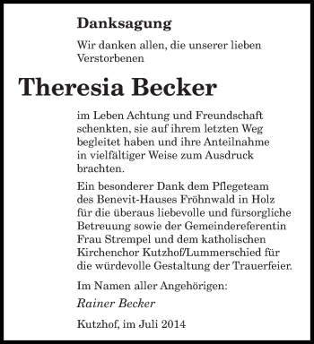 Todesanzeige von Theresia Becker von saarbruecker_zeitung