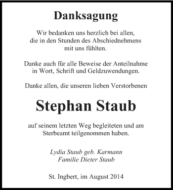 Todesanzeige von Stephan Staub von saarbruecker_zeitung