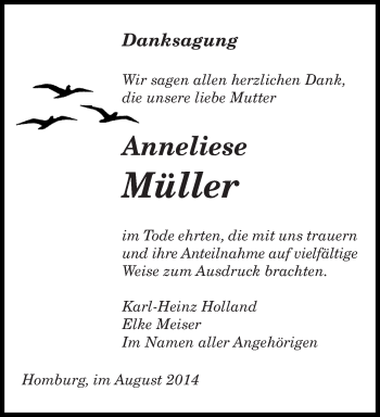 Todesanzeige von Anneliese Müller von saarbruecker_zeitung