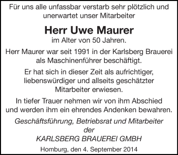 Todesanzeige von Uwe Maurer von saarbruecker_zeitung