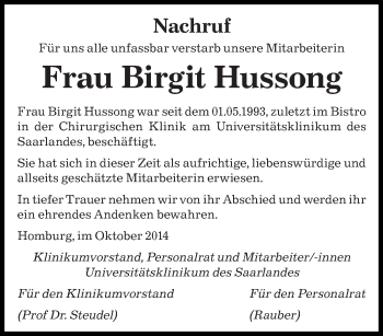 Todesanzeige von Birgit Hussong von saarbruecker_zeitung