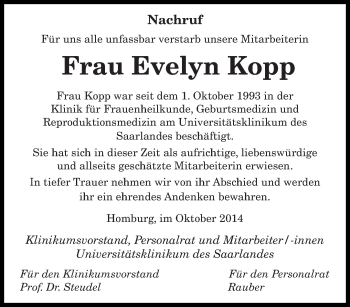 Todesanzeige von Evelyn Kopp von saarbruecker_zeitung