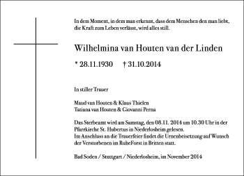 Todesanzeige von Wilhelmina van Houten van der Linden von saarbruecker_zeitung