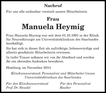 Todesanzeige von Manuela Heymig von saarbruecker_zeitung