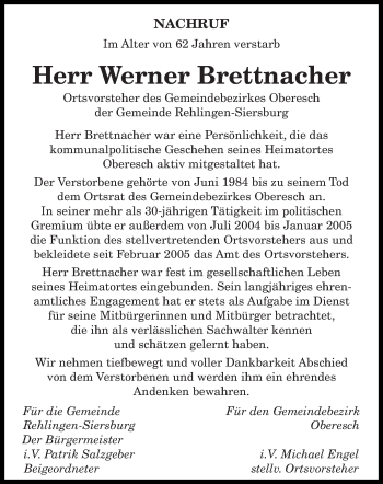 Todesanzeige von Werner Brettnacher von saarbruecker_zeitung