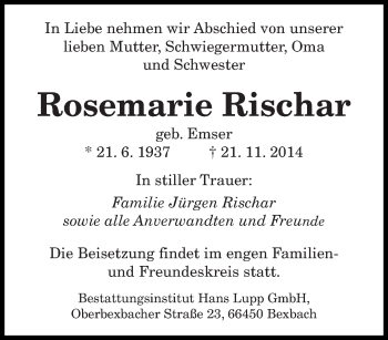 Todesanzeige von Rosemarie Rischar von saarbruecker_zeitung